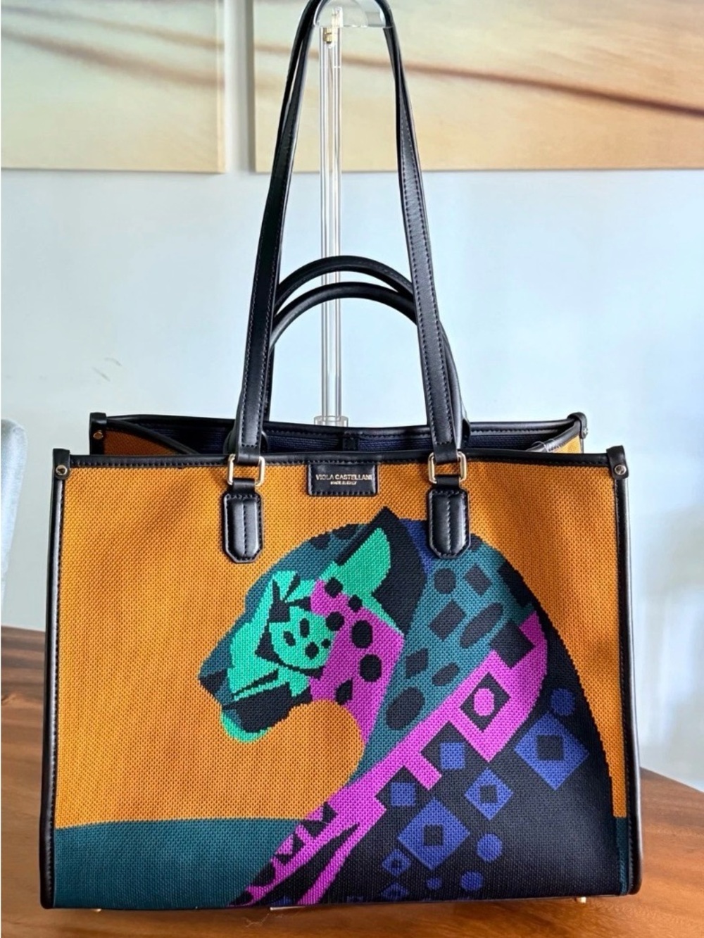 Viola Castellani Atena-Tiger Orange Knit Leather Tote Bag Made in Italy NWT